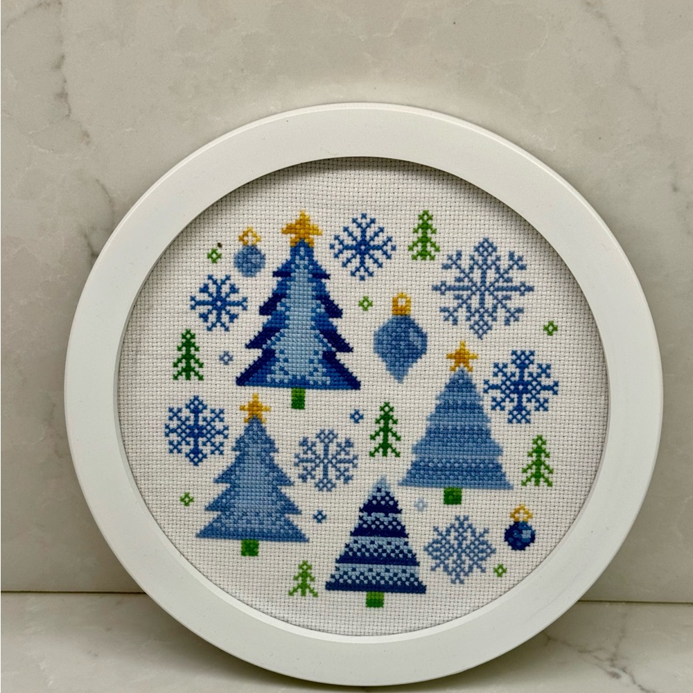 Holiday Cross-Stitch Wall Art with Blue and Green Trees